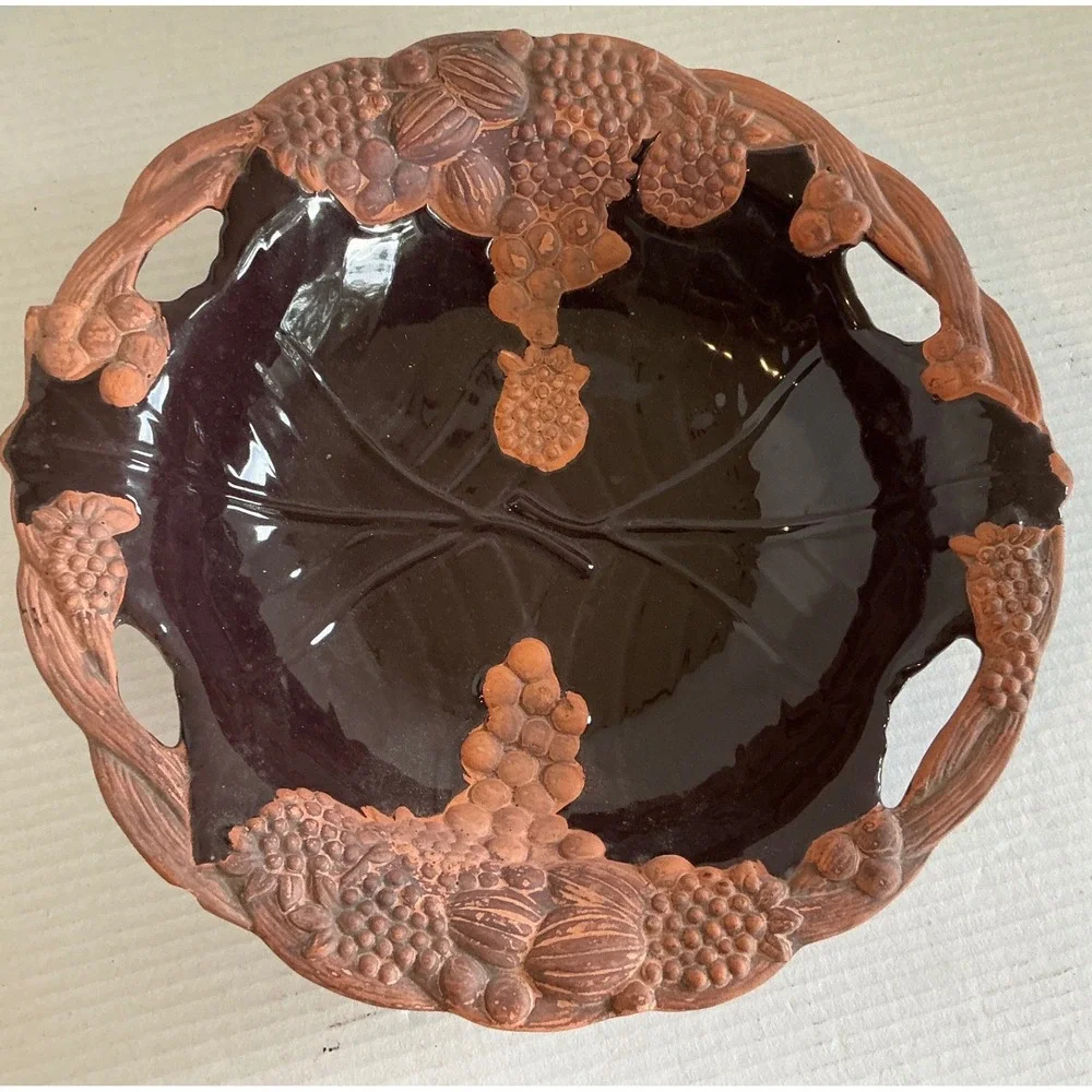 Vintage‎ Ceramic Grape Vine Fruit Bowl Hand Painted Terracotta 10in
